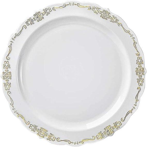 Kaya White With Gold Vintage Round Disposable Dinner Plates - 10" (Packs of 30), Stylish Design, Perfect For Any Occasion