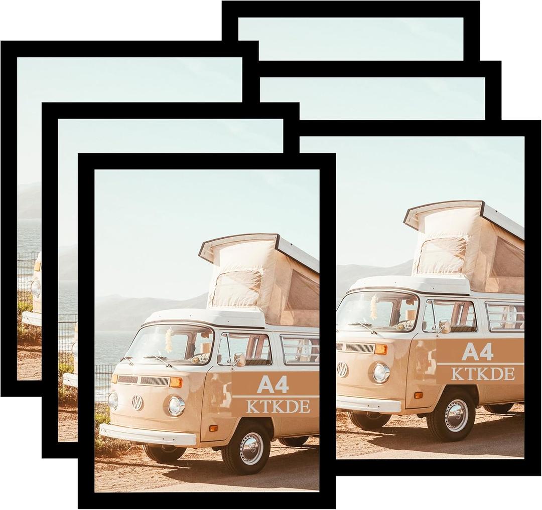 KTKDE A4 Black Picture Frame Set of 6, 8.3x11.7 Wooden Photo Frame Black Engineered Wood with Plexi-Glass for Poster Frame with Wood-grain Wall or Tabletop Living Room Bedroom Home Decor best gift