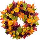 YULETIME 24" Fall Wreath, Artificial Autumn Wreath with Red, Orange, Green Maple Leaves and Orange, Purple, Green-Yellow Pumpkins (Pumpkin & Maple Leaf)