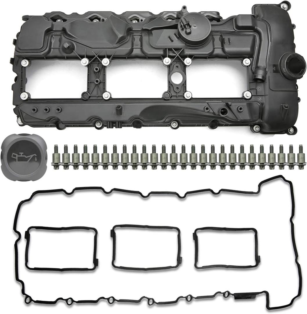 MITZONE N55 Engine Valve Cover with Gasket Bolts Kit & Oil Cap for BMW 2010-2017 335i 535i 2011-2019 X5 X3 X6 2013-2015 740i 740Li 3.0L Part# 11127570292 (Black-New)