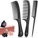 Carbon Fiber Hair Comb Set for Curly Hair Woman|Wide Tooth Comb, Parting, Fine Tooth for Detangling, Styling for Natural Fine Straight to Curly, Thick, Wet or Dry Hair (Black-Pink)