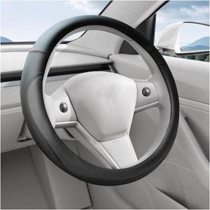 Car Steering Wheel Cover, 15 Inch Leather Anti-Slip Breathable Vehicle Steering Wheel Protecter with Comfortable Feel, Automotive Interior Accessories, Universal for SUV Sedan Truck (Black)