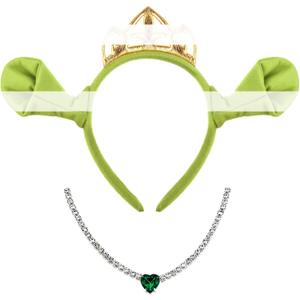 2 x Women Green Monster ears Headband Crown Love necklace Halloween costume accessories photo props