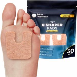 Mars Wellness U-Shaped Callus Pads for Feet, 1/4" Thick, Flesh Colored, Pack of 30 with Adhesive Backing - Callus Remover for Feet, Callus Cushions