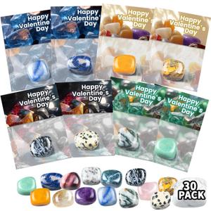 Valentines Day Gifts for Kids - 30 Pack Prefilled Valentine's Day Cards with Gemstones for School Classroom Class - Valentine Rock Crystal Gem Gift Exchange for Boys Girls Party Favor