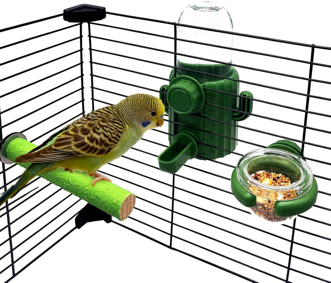 Parrot Water Feeder Bird Water Bottle Parrot Food Feeder with Perch Stand Bird Cage Accessories for Parakeet Budgie Lovebirds Cockatiel (Green)