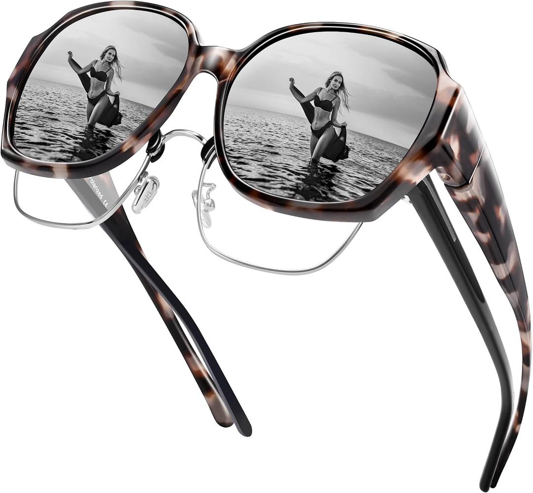 URUMQI Polarized Sunglasses Fit Over Glasses for Women, UV400 Protection Square Shades Extra Large Sun Glasses