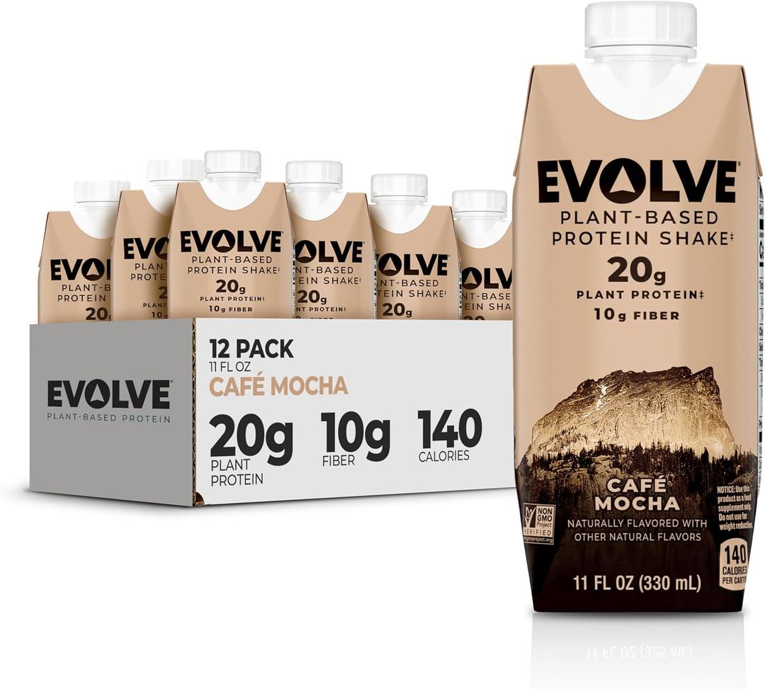 Evolve Plant Based Protein Shake, Caf Mocha, 20g Vegan Protein, Dairy Free, No Artificial Sweeteners, Non-GMO, 10g Fiber, 11oz, (12 Pack) (Formula May Vary), BB: 07/05/2025