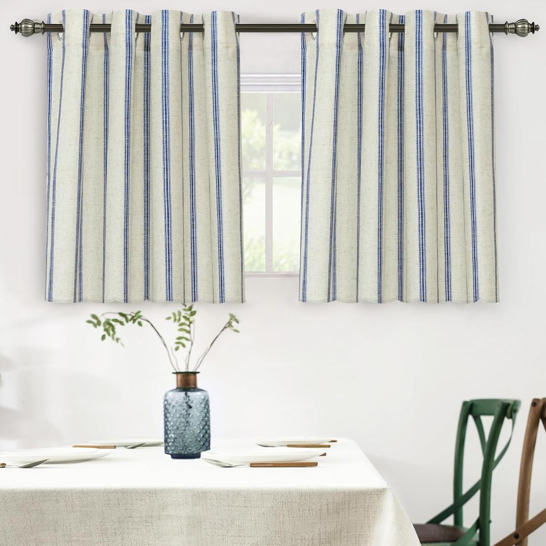 DriftAway Farmhouse Linen Blend Blackout Curtains 36 Inches Long for Bedroom Vertical Striped Printed Linen Curtains Thermal Insulated Lined Treatments for Living Room 2 Panels W52 x L36 Navy
