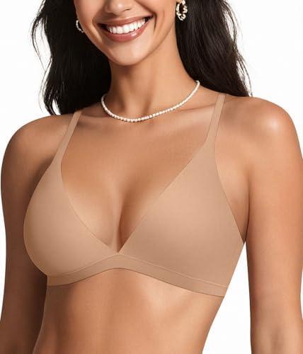 OEAK Womens Comfortable Triangle Bras No Underwire Sexy Plunge Unlined Bralette Pull On Bra Seamless Everyday Tshirt Bras, M, Beige