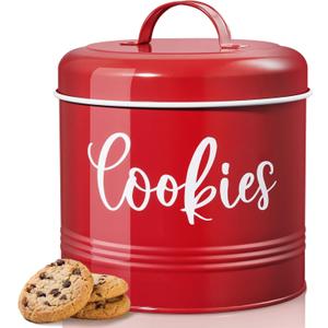 Farmhouse Cookie Jar for Kitchen Counter, 1 Gallon Vintage Cookie Jar with Airtight Lid, Large Food Storage Container for Candy, Cookies, Dessert, Red Kitchen Decor and Accessories