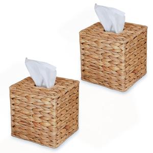 Set of 2 Water Hyacinth Handwoven Tissue Box Cover, Natural Handmade Wicker Napkin Box Holder, Handcrafted Square Facial Tissue, Rustic Decorative on Table and Bathroom, Office, Boho Decorative