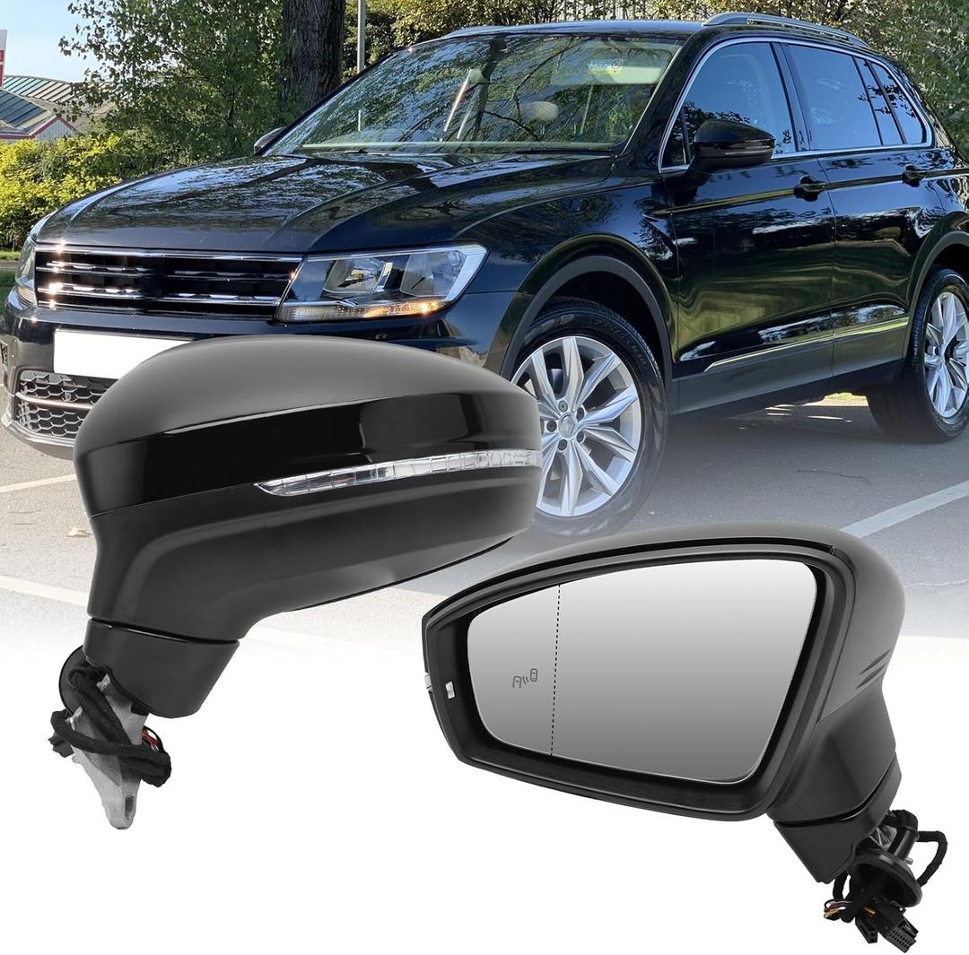 Left Driver Electric Side Mirror Compatible with Volkswagen Tiguan 2018 2019 2020 2021 2022 2023 2024 2025 with Signal Light Heated with Blind Spot Glass Power Glass Manual Folding (6+2 Pins) Black
