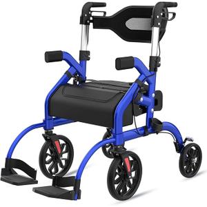Walkers for Seniors, 2 in 1 Rollator Walker with Seat, 10" Front & 8" Rear Big Wheels, Walker Wheelchair Combo, Foldable Transport Chair, Adjustable Handles Height, 310 Lbs Capacity, Blue