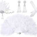1920s Flapper Costume Accessories Set for Women 20s Headpiece Earrings Gloves Holder Pearl Necklace and Feather Fan (Elegant Style) Black, White