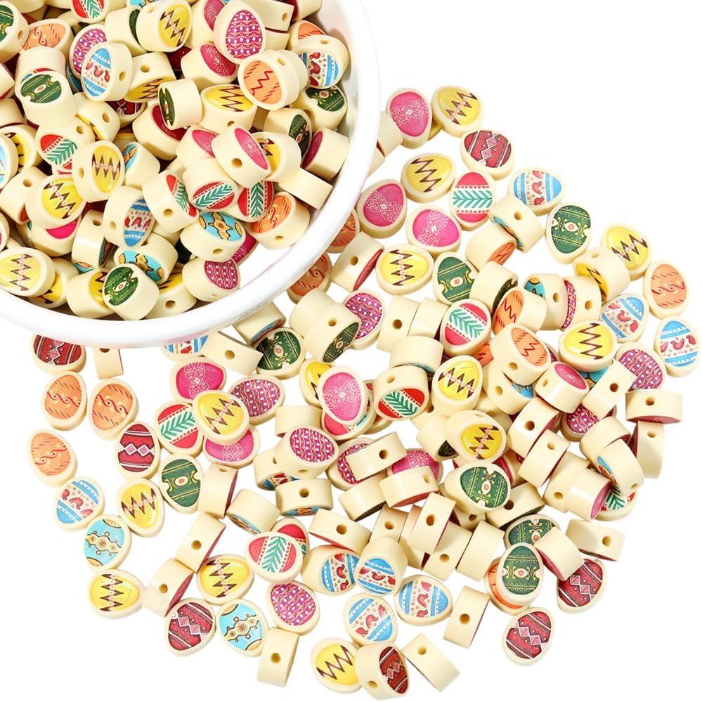 1 Box 400PCS Easter Polymer Clay Egg Beads with Holes Handmade Eggs Shaped Cartoon Mixed Color Flat Soft Spacer Looses Small Bead Bulk for Jewelry Making Necklace Bracelet Adult DIY Craft