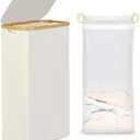 efluky Slim Laundry Basket with Lid, Narrow Laundry Hamper with Removable Bag, Skinny Dirty Clothes Basket with Bamboo Handles for Bathroom, Bedroom & Laundry Room, 75L Beige