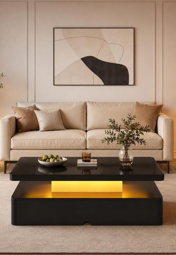 Living Room Table, Includes 40" LED Coffee Table, Modern High Gloss Coffee Table for Living Room, Black, 40"