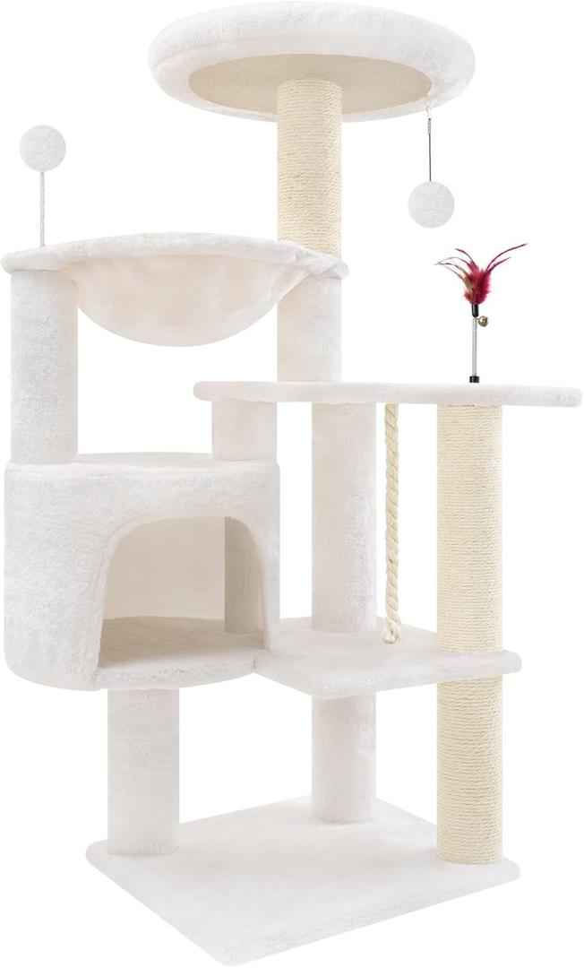 TWDEPART 42.5'' Cat Tree for Indor Cats, Multifunctional Cat Tower with Cozy Condo, Perches, Scratching Posts and Hammock, Beige