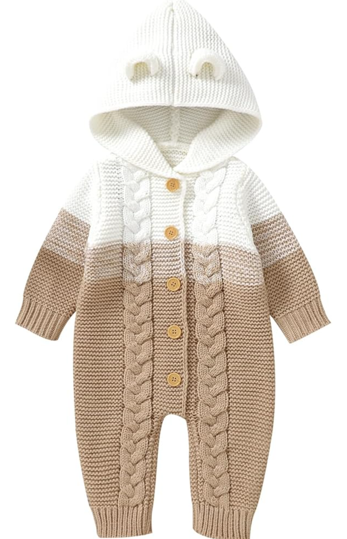 OBEEII Newborn Knitted Outfits Baby Girls Boys Cable Knitted Sweater Romper with Hooded 3D Bear Ear Winter Outerwear, Size: 0-3 Months