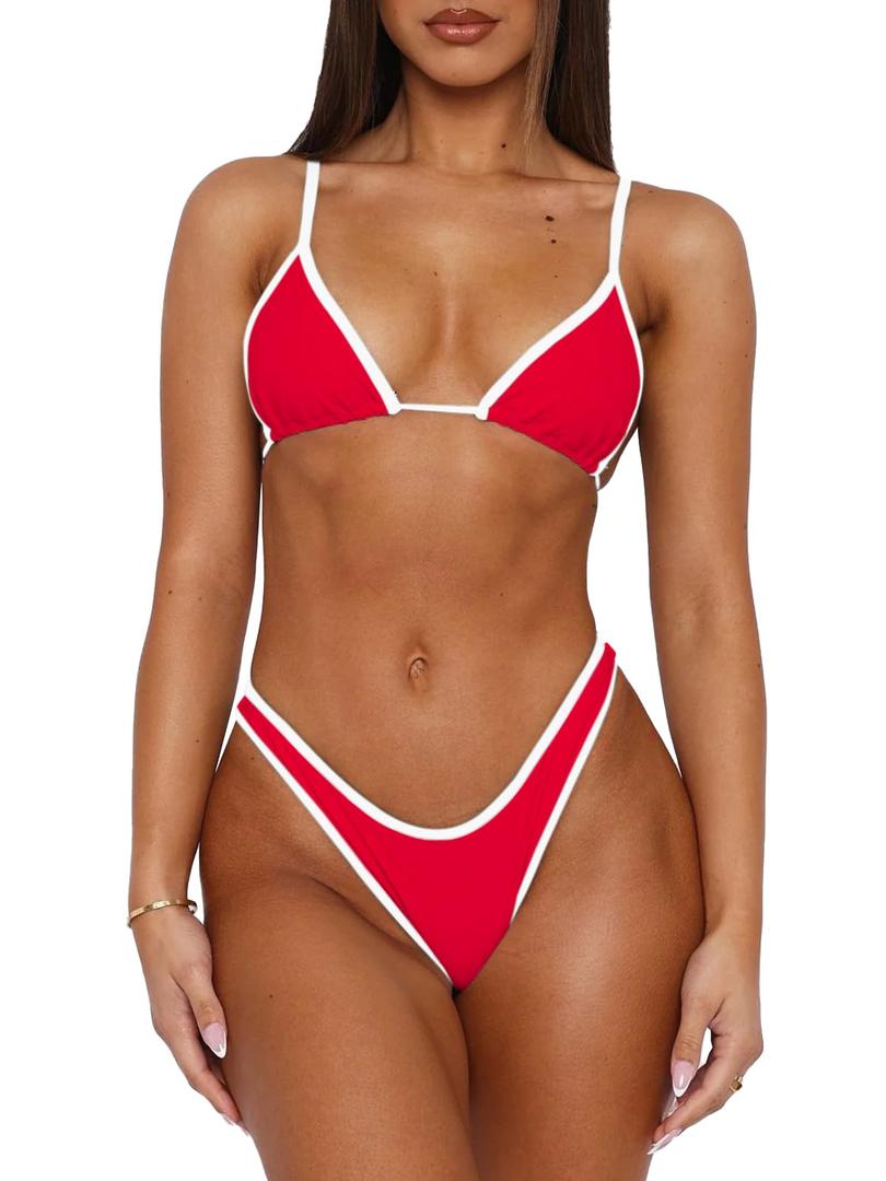 Roevite Triangle String Bikini Set for Women Halter Neck 2 Piece Swimsuit Tie Back Color Block Swimwear Cheeky Bathing Suit(Red,L) (Red, L)