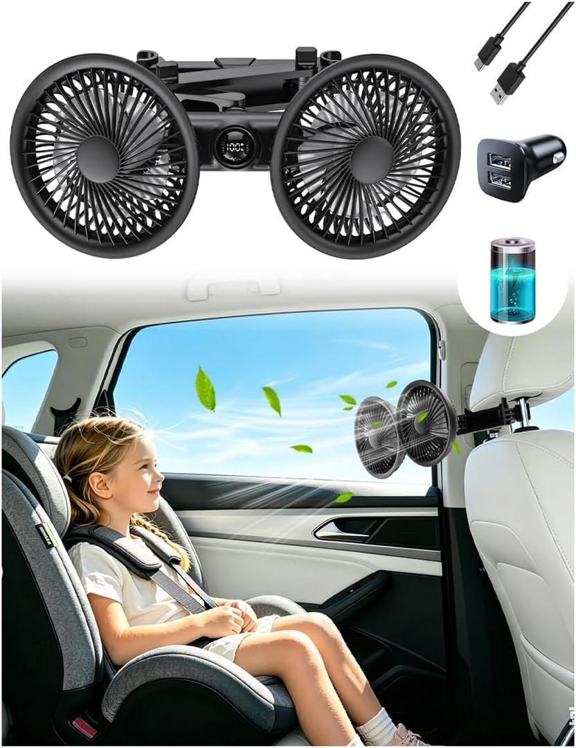 Rechargeable Car Fan for Backseat with Car Charger, 360 Rotatable 4000mAh Battery and USB Dual Power Car Fans, Strong Wind Air Circulation Fan with Adjustable Clip for Vehicles SUV RV Baby