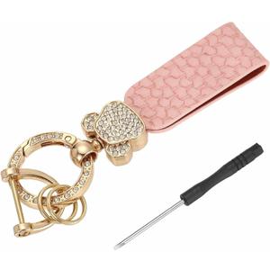 HARFINGTON Car Key Chain Ring Clip 4.45 Inch Leather Key Fob Wristlet Keychain with Anti-Lost D Ring & Keyrings Fit Women Men for Home Car, Pink Gold