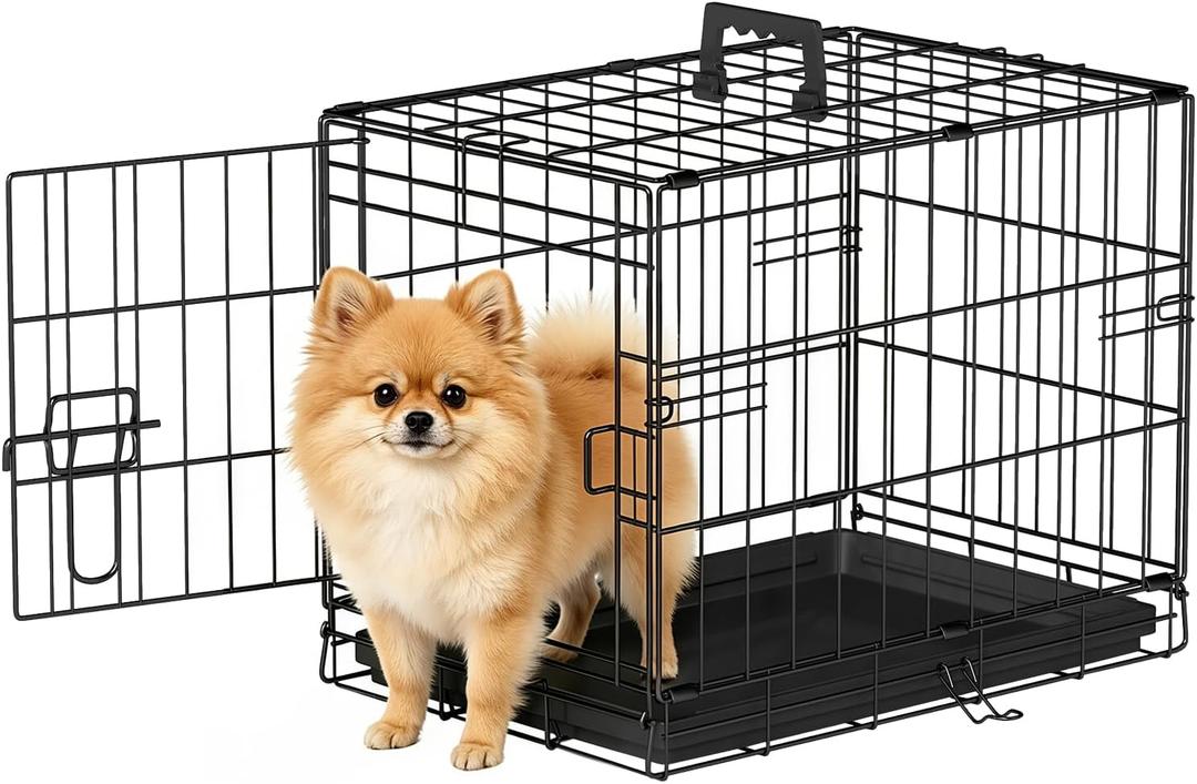 FDW Dog Crate for Small Dogs 18 Inch Folding Metal Wire Pet Cage Single Door W/Divider Panel Indoor Outdoor Kennel Leak-Proof Plastic Tray,Black