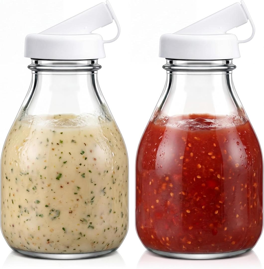 2pcs 16oz Salad Dressing Bottle, Reusable Salad Dressing Dispenser with Silicone Pour Spouts & Airtight Sealing Caps, Leak-proof Storage Jars Containers for Sauces, Ranch, Juice, Milk
