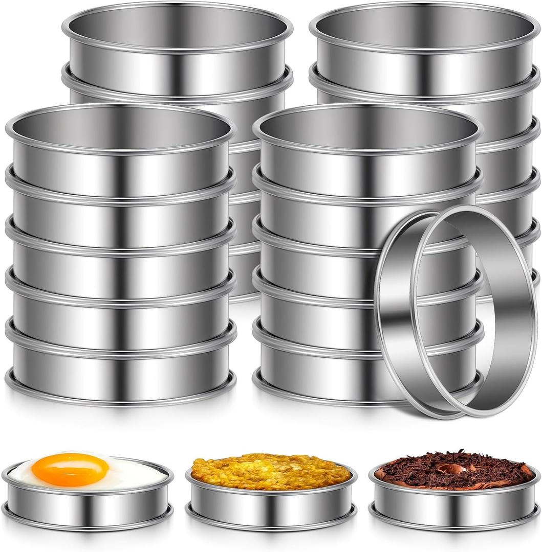 SHENLIU 24 Pack 4 Inch English Muffin Rings, Stainless Steel Nonstick Metal Round Crumpet Rings Silver Double Rolled Tart Ring Molds for Cookie Cooking Baking