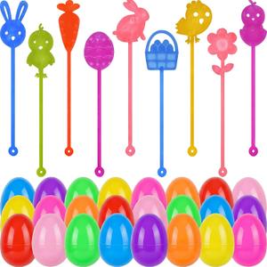 2 x 24 Pack Easter Sticky Hands Toys with 24 Pcs Plastic Easter Eggs, Easter Bunny Egg Chick Carrot Flower Basket Sticky Stretchy Toys for Kids Girls Boys Easter Basket Stuffers Party Favors Gifts