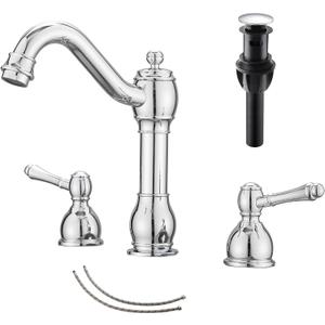 GGStudy 2 Handles 3 Holes Faucet Widespread Bathroom Sink Faucet Basin Tap Mixer Supply Hose Included Matching Pop Up Drain Polished Chrome