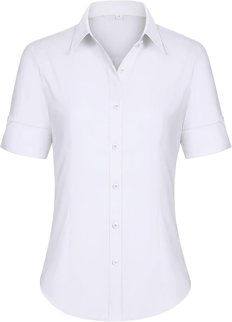 siliteelon Short Sleeve Button Dress Shirts for Women Cotton Button Down Shirts for Women Slim Fit Blouse Top 3/4 Sleeve (Small, White)