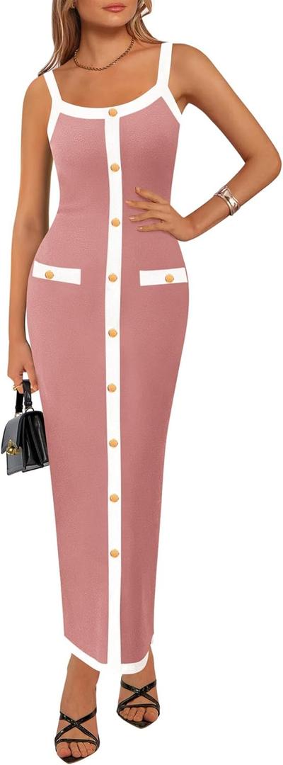 KIRUNDO Women's Semi Formal Business Casual Midi Dress 2025 Spring Summer Knit Color Block Button Work Office Dresses (Medium, Pink)