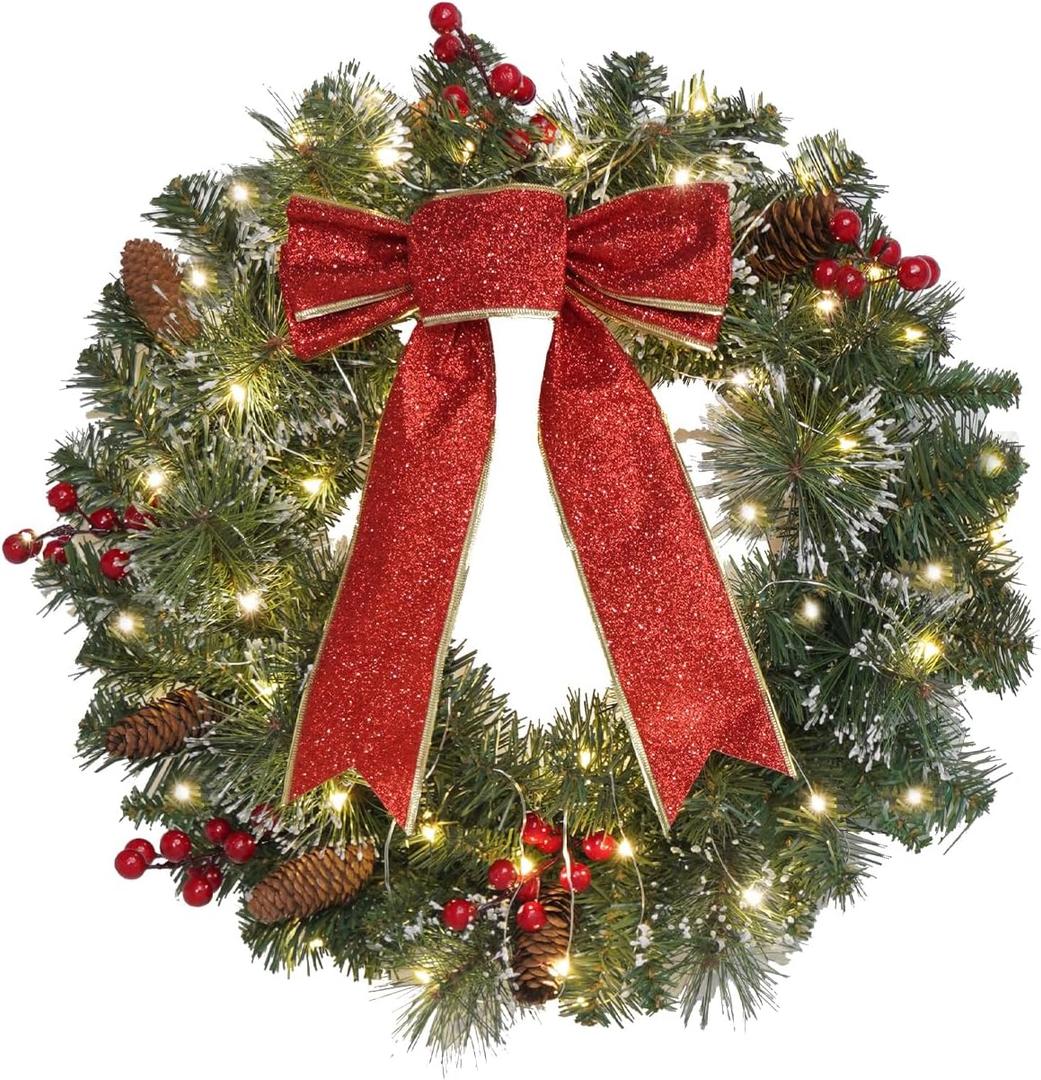 DiliComing 16-Inch Pre-Lit Winter Wreath - Large Christmas Door Wreath, Front Door & Window Decorations (Led Red)