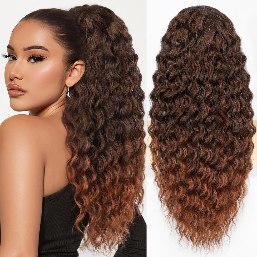 HMD Curly Ponytail Extension Drawstring Ponytail for Black Women Natural Black Mixed Medium Auburn Curly Clip in Hair Extensions 22 Inch Ponytail Extension Synthetic Hairpiece for Daily Party (black mix medium auburn)