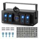 Joinfworld 4 Gang Rocker Switch Box 12V SPST ON/Off Marine Switch Panel 12 Volt Waterproof Blue LED Light Bar with Dual USB Outlet PD3.0 & QC3.0 Car USB Port for Boat Automotive Car Truck RV UTV
