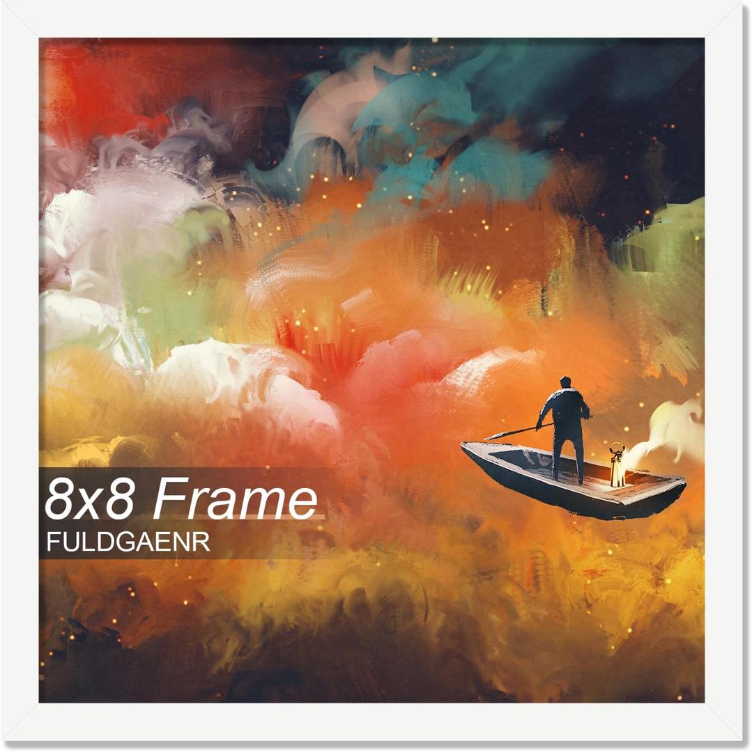 FULDGAENR 8x8 Picture Frame, White Frames for 8 x 8 Inch Photo Poster Certificate, High Transparency Wall/Tabletop Frame with Horizontal Vertical Display (White | 8"x8")