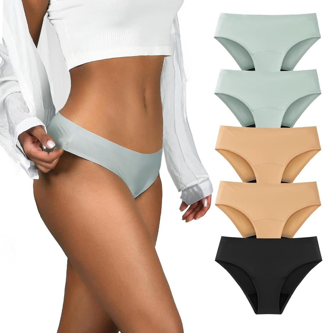 Period Underwear for Women Seamless Period Bikini Regular Absorbency Leakproof Underwear (3X-Large, Black/2 Beige/2 Smoke Green)