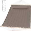 SUNCREAT Double Quilted Hammock with Hardwood Spreader Bar, Extra Large Soft Pillow, Heavy Duty 2 Person Hammock for Indoor, Outdoor, Brown