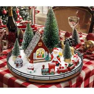 AMH 12 PCS Christmas Table Decorations Set with Oak Rotating Base  Xmas Town Village Centerpiece with Santa, Train, House, Trees & Figurines, Tabletop Decorations for Holiday Dining & Coffee Tables