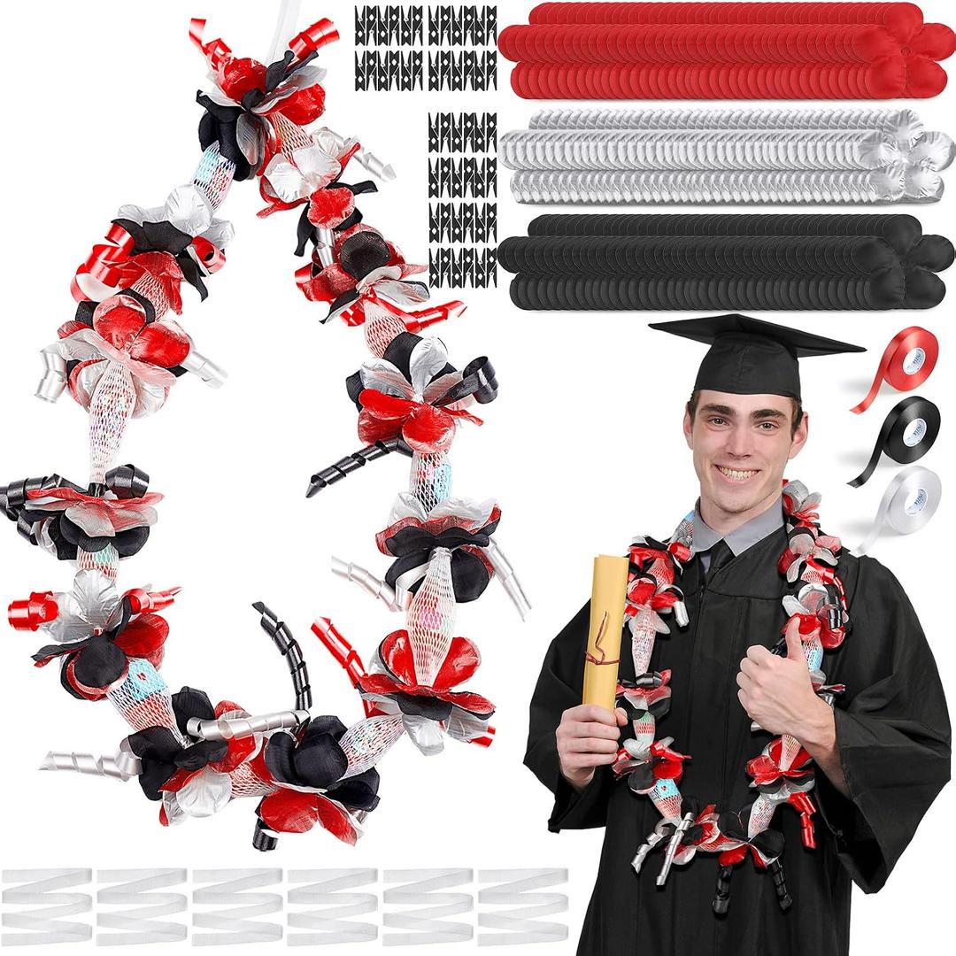 Unittype 6 Sets 2026 Graduation Candy Lei Making Kit DIY Lei Netting Tubing Include 5 ft Mesh Bag 3 Rolls of 98 ft Ribbon 216 Pcs Flower Pieces for Grad Party Supplies(Red, Silver Gray, Black)