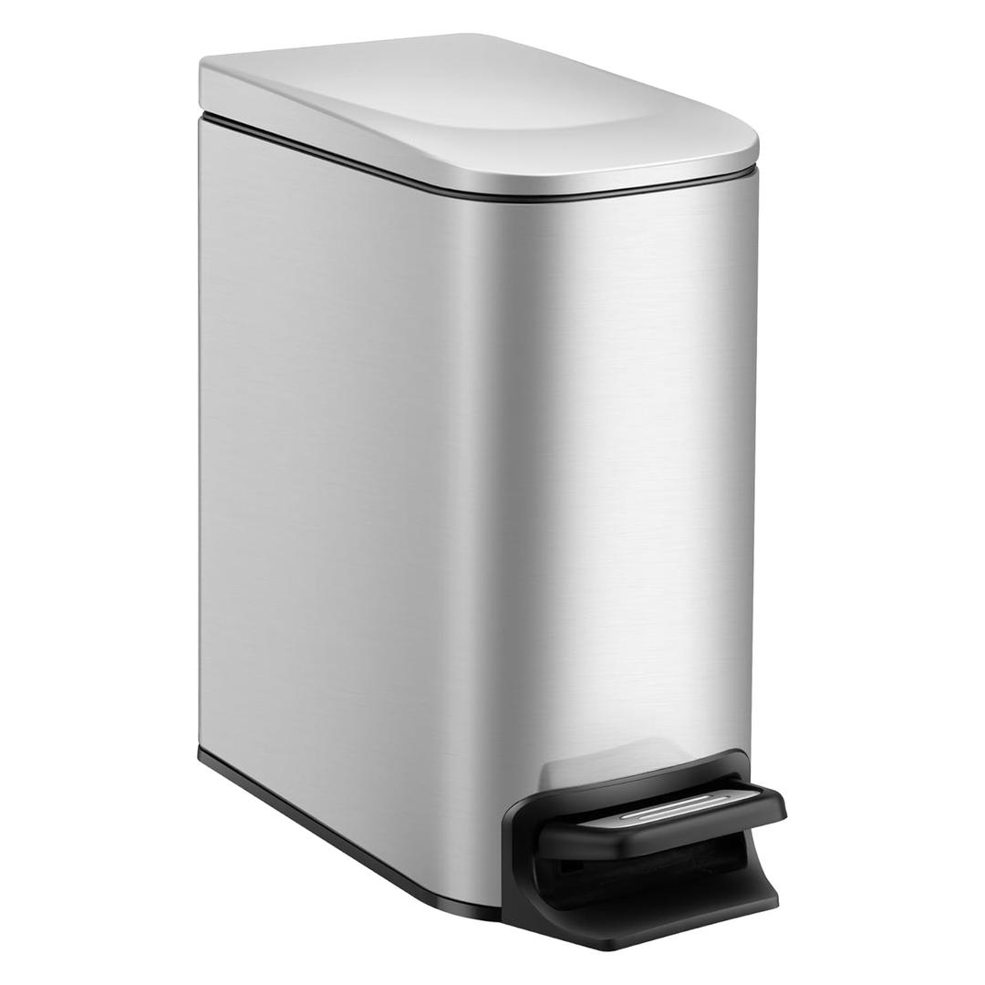 TIPGO Slim Bathroom Can with Lid Soft Close, Step Pedal, 6 Liter / 1.6 Gallon Stainless Steel Bin, Small Garbage Cans for Bedroom, Office, Kitchen (Silver)