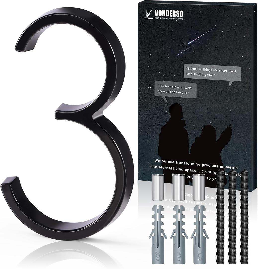5 Inch Floating House Number 3, VONDERSO Black Metal Modern Outdoor Address Sign for Yard Street and Mailbox, Zinc Alloy Solid Address Numbers and Letters with Exquisite Drawing Process