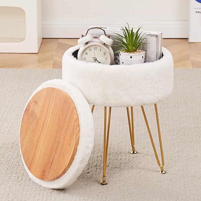 Cplxroc Footrest Footstools Round Faux Fur Ottoman with Storage Space Soft Vanity Chair Seat Coffee Table Ottoman Small Side Table Metal Legs with Adjustable Footings