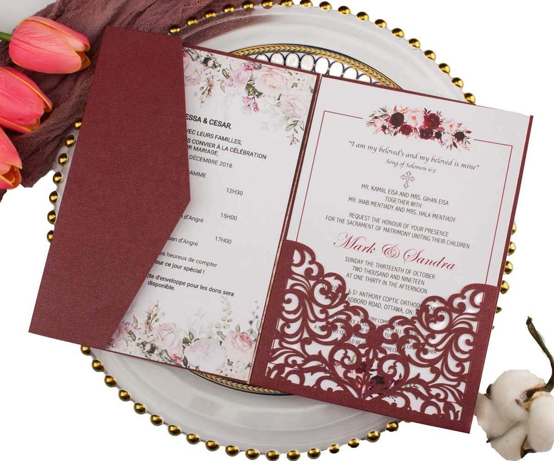 25 Sets Burgundy 250G Tri Fold Wedding Invitations Cards With Envelopes Inserts Greeting Laser Cut Pocket invites for Wedding Bridal Shower Birthday