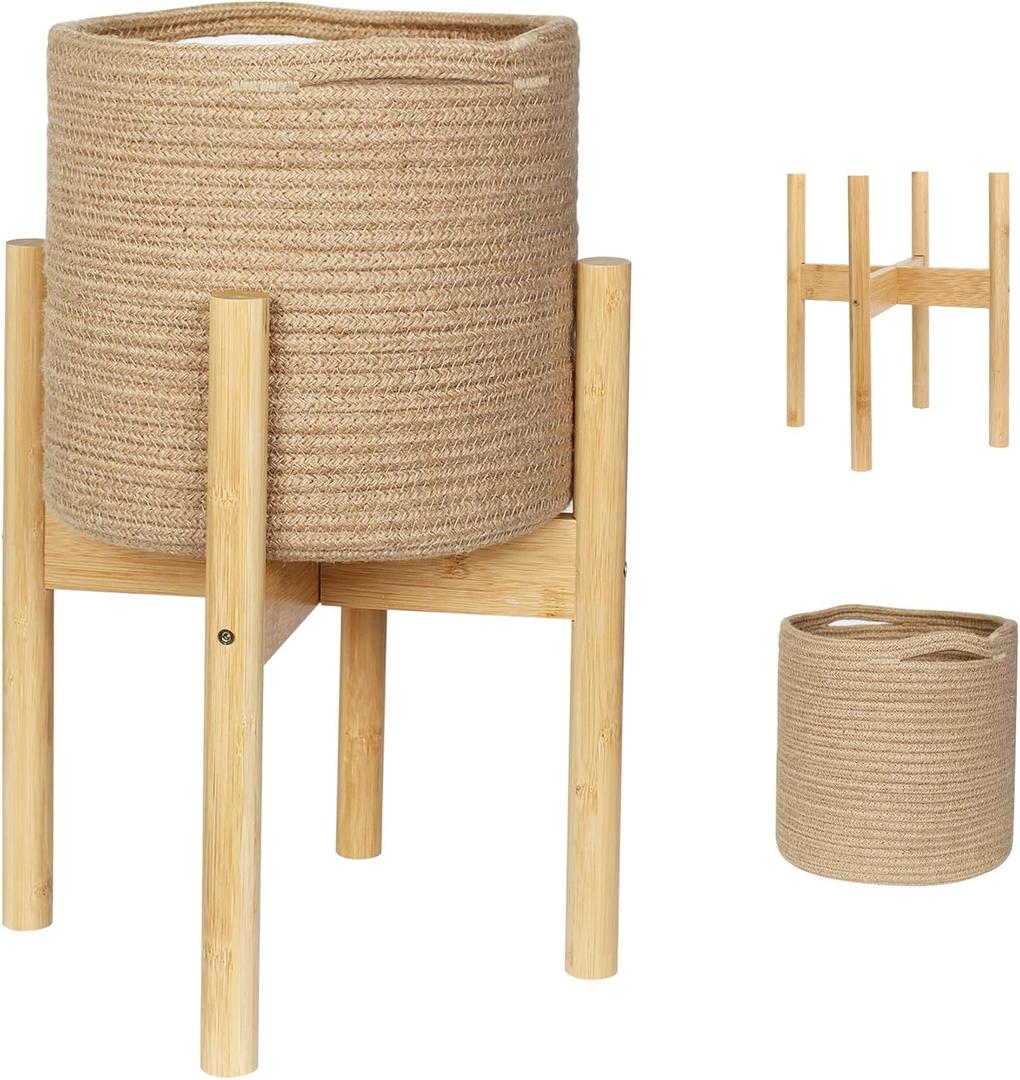 Plant Basket with Stand, Indoor Round Wicker Basket Plant with Bamboo Wood Stand, Decorative Woven Rope Flower Indoor Planter with Legs, Boho Bamboo Wood Planter Holder (Jute)