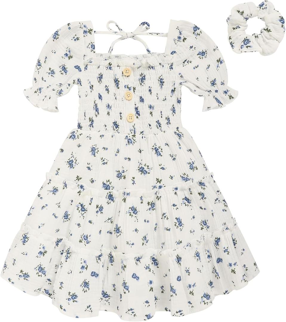 GRNSHTS Toddler Girl Summer Dress Short Sleeve Beach Sundress with Headband(Blue Flower+White,6T)