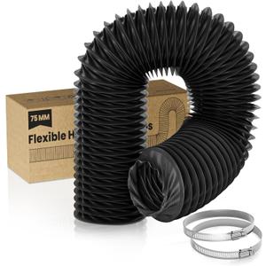 HG Power 3 inch 16 FT Long Air Ducting, Flexible Nylon Duct Diesel Heater Hose Vented Duct Hose With 2 Clamps For HVAC Ventilation (Black)