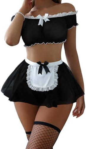 Foxiny Sexy Stockings Mini Skirt Mesh Sheer Lace Halloween Costume Maid Outfit Lingerie with Thong Set 4 Piece L
